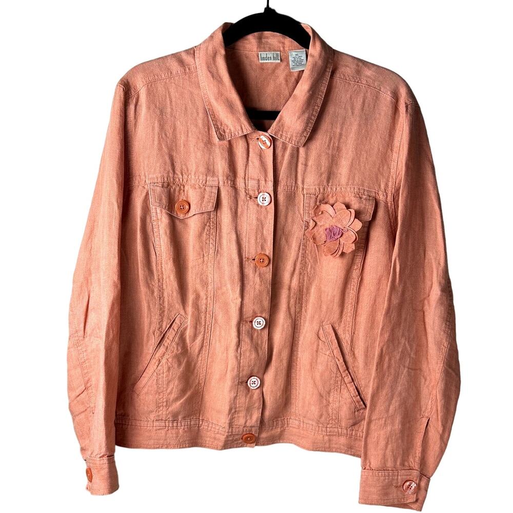 Linden Hill 100% Linen Women's Size XL Coral Button Up Jacket w/ Matching Brooch